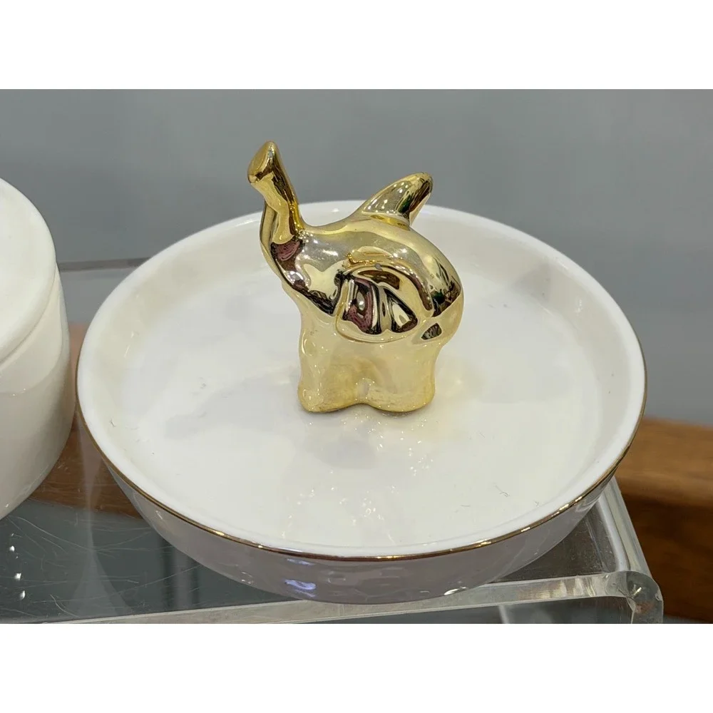 Elephant Jewelry Box and Trinket Dish Ring Holder White With Metallic Gold Set 2